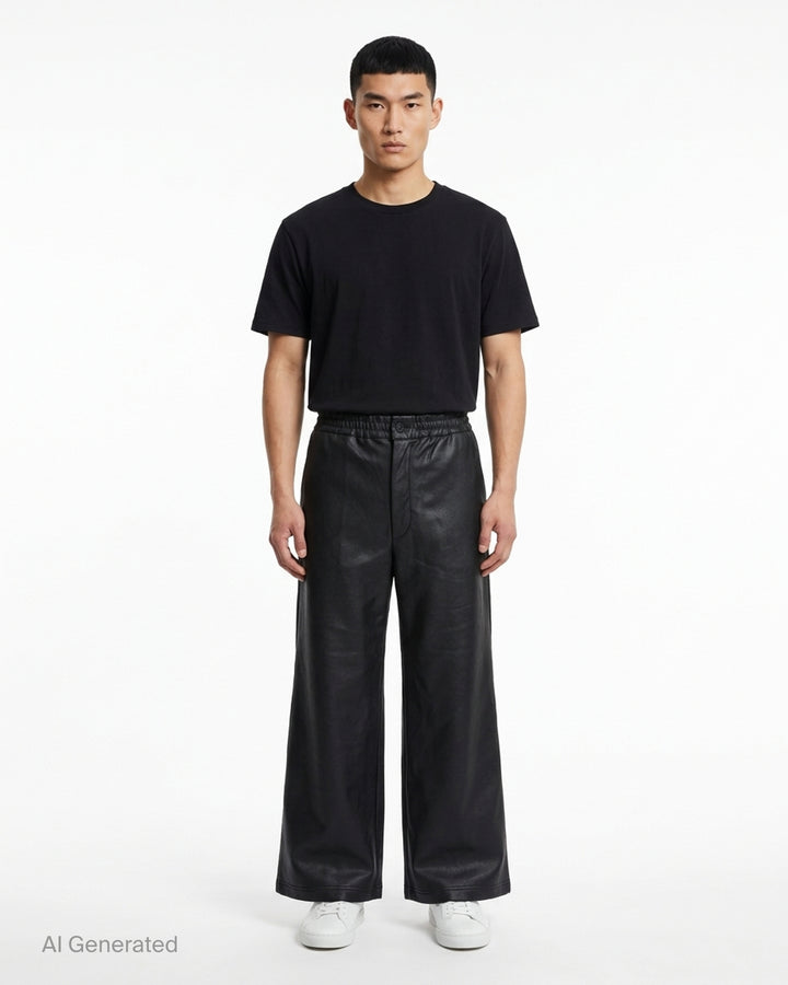 Comme des Garçons Homme Plus black gloss finish wide-leg flared pants with elasticated waistband, shown from the front - front