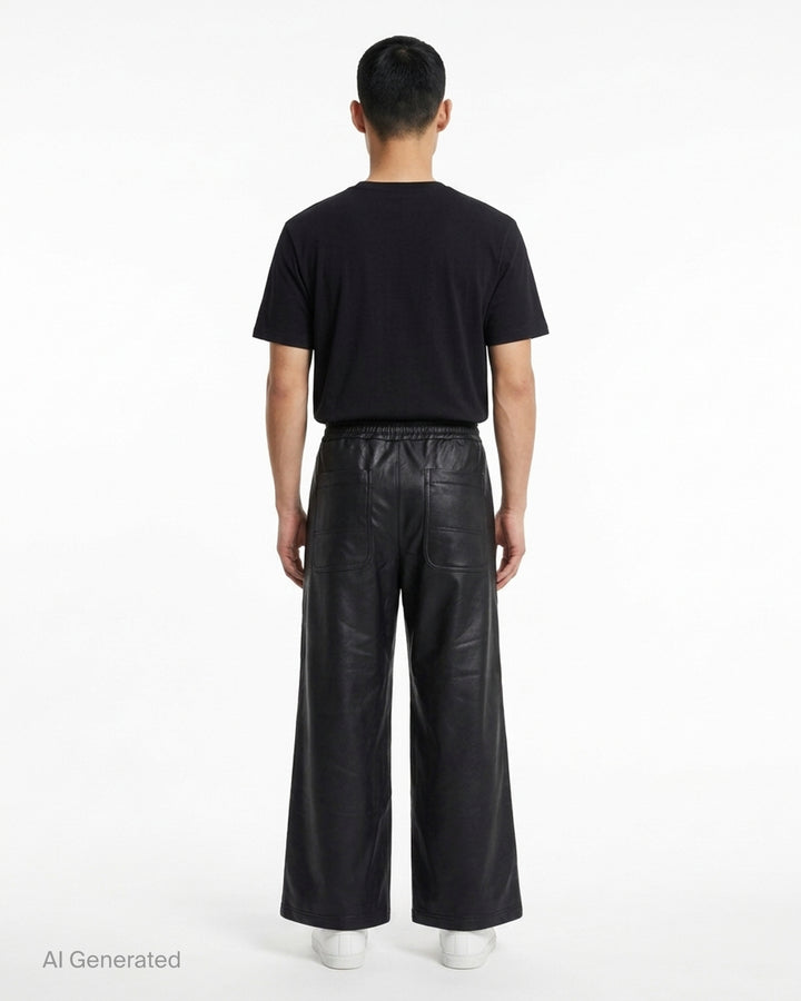 Comme des Garçons Homme Plus black gloss finish wide-leg flared pants with elasticated waistband, shown from the front - back