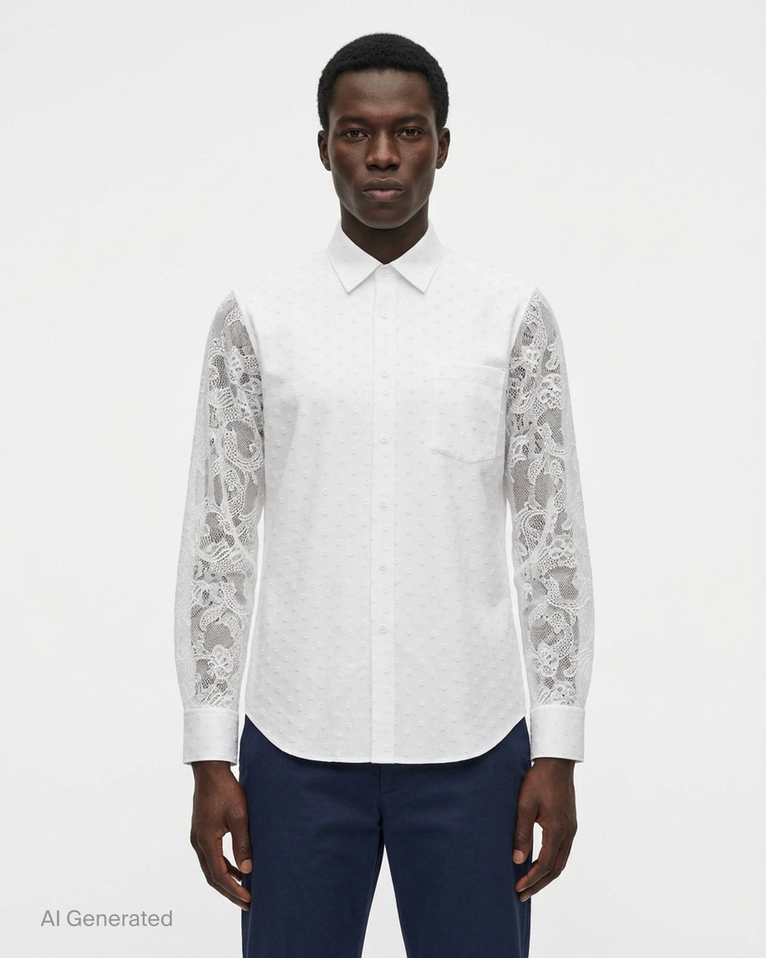 Comme des Garçons Homme Plus white long-sleeve shirt with jacquard dot body and floral lace sleeves, shown flat on a white background - front