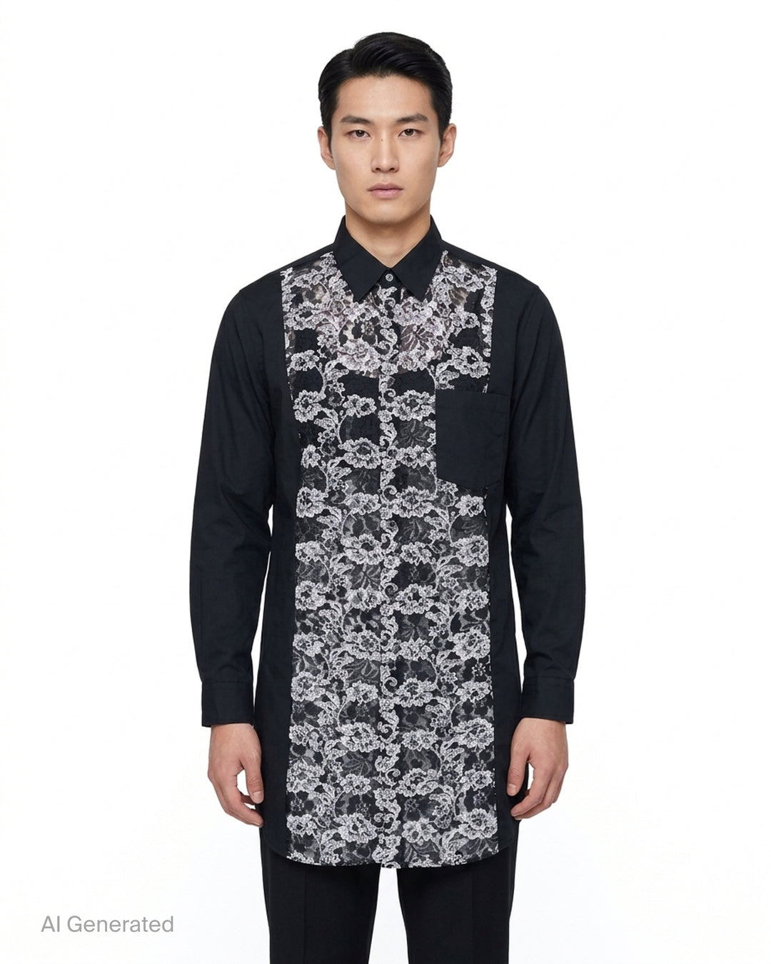 Comme des Garçons Homme Plus black long sleeve shirt with a sheer white floral lace front panel and chest pocket - front