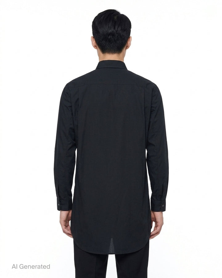Comme des Garçons Homme Plus black long sleeve shirt with a sheer white floral lace front panel and chest pocket - back