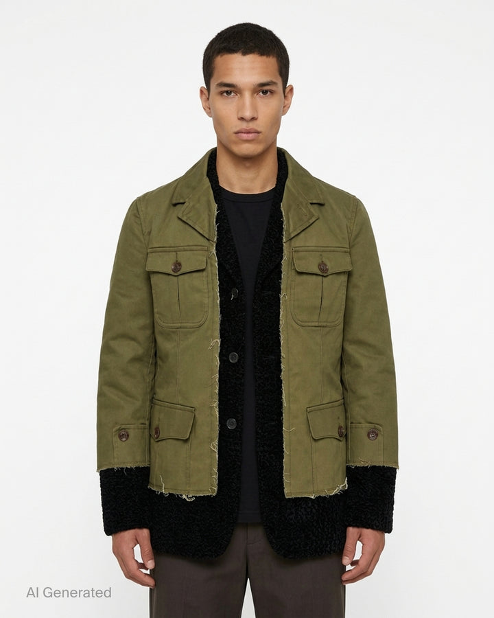 Comme des Garçons Homme Plus olive utility jacket with raw edges layered over a black textured inner jacket, shown from the front - front