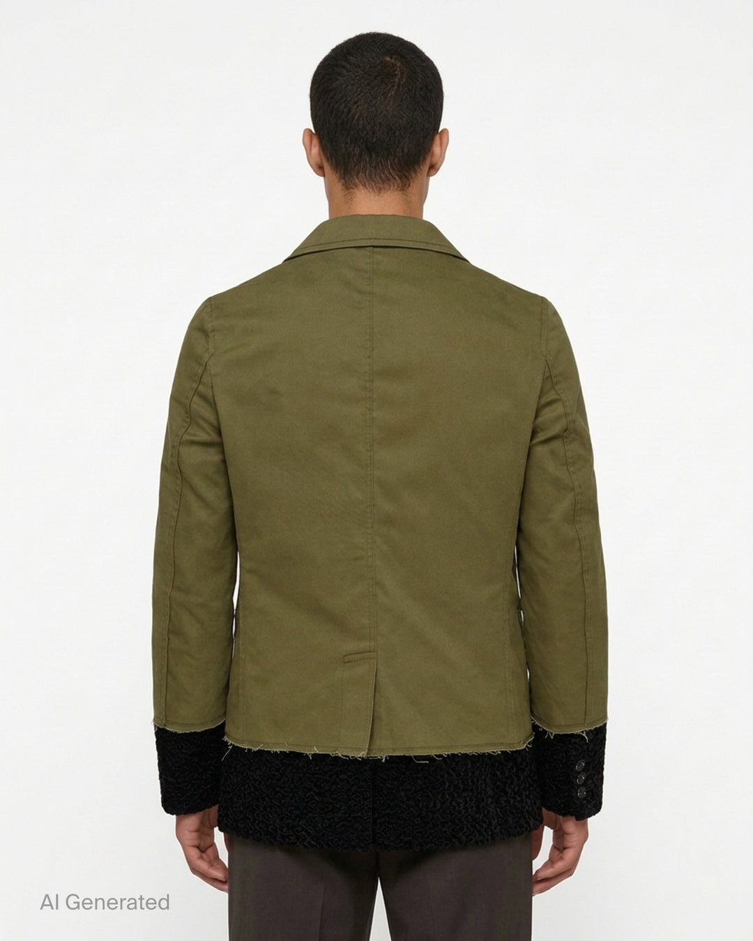 Comme des Garçons Homme Plus olive utility jacket with raw edges layered over a black textured inner jacket, shown from the front - back