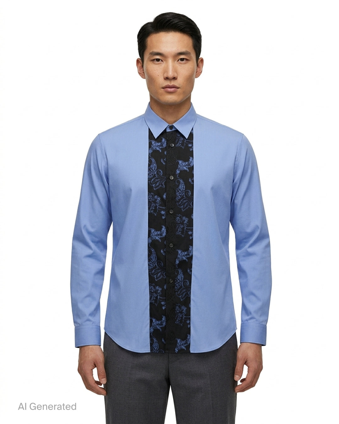 Comme des Garçons Homme Plus long sleeve cornflower blue cotton shirt with black and blue floral jacquard contrast panel down the centre front placket - front