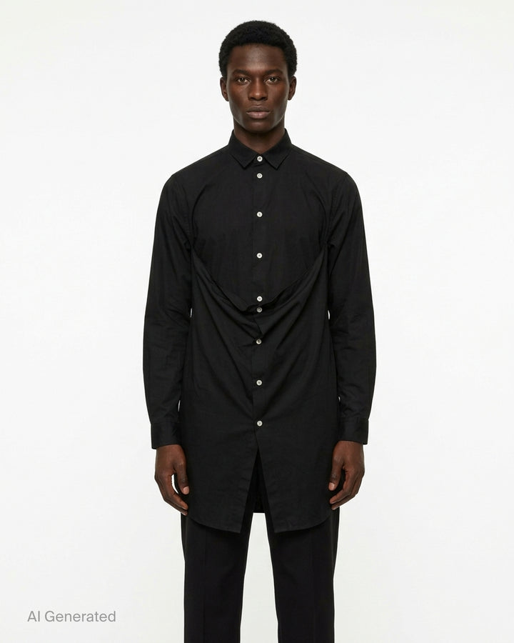 Comme des Garçons Homme Plus black long sleeve shirt with draped and gathered fabric panel at the front torso, silver-tone buttons, point collar, and extended hem with vent - front