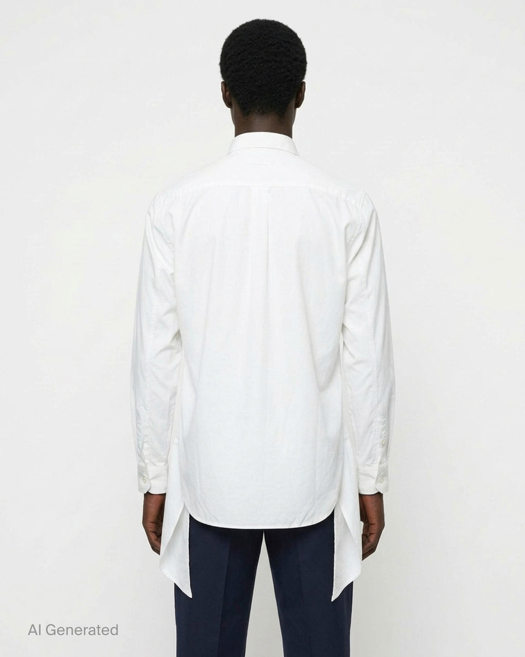 Comme des Garçons Homme Plus black long sleeve shirt with draped and gathered fabric panel at the front torso, silver-tone buttons, point collar, and extended hem with vent - back