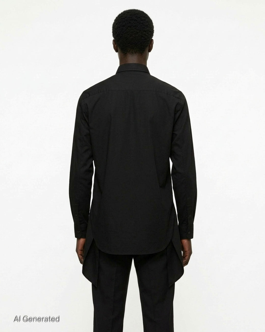 Comme des Garçons Homme Plus black long sleeve shirt with draped and gathered fabric panel at the front torso, silver-tone buttons, point collar, and extended hem with vent - back