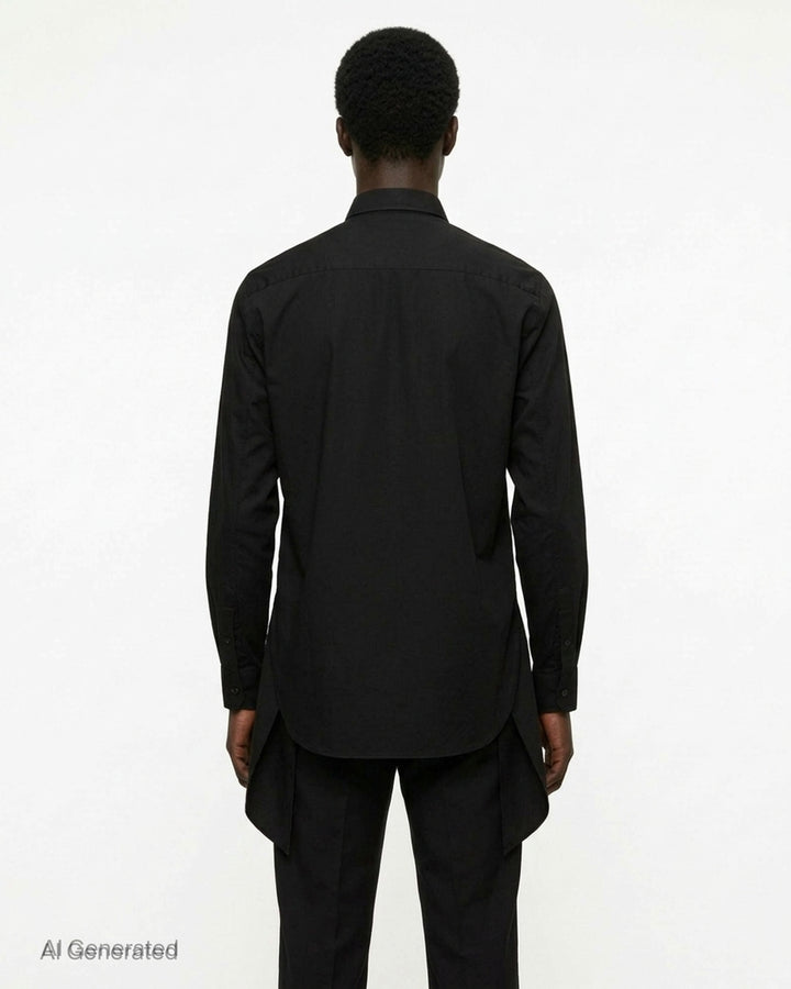 Comme des Garçons Homme Plus black long sleeve shirt with draped and gathered fabric panel at the front torso, silver-tone buttons, point collar, and extended hem with vent - back