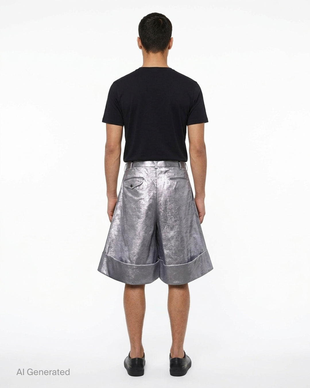 Comme des Garçons Homme Plus metallic silver foil polyester georgette wide-leg pleated shorts with turn-up cuffs and high-rise waistband - back