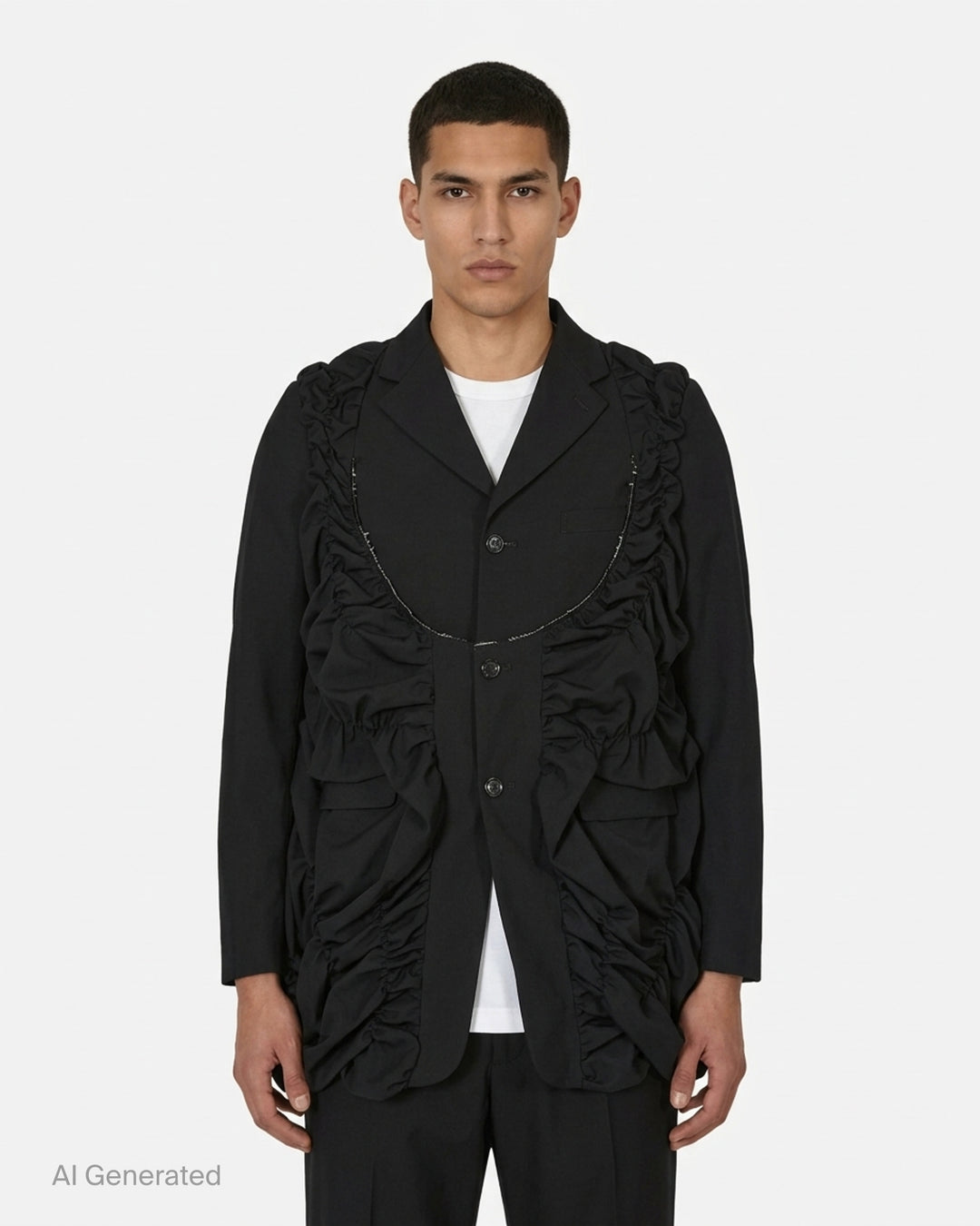 Black Comme des Garçons Homme Plus wool tropical jacket with ruched gathered panels and a raw-edged U-shaped front panel - front