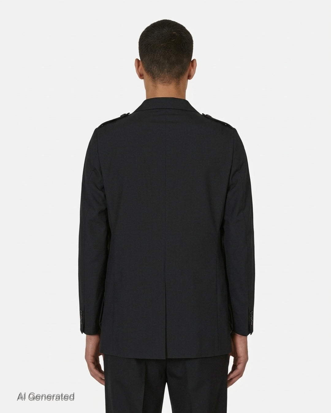 Black Comme des Garçons Homme Plus wool tropical jacket with ruched gathered panels and a raw-edged U-shaped front panel - back