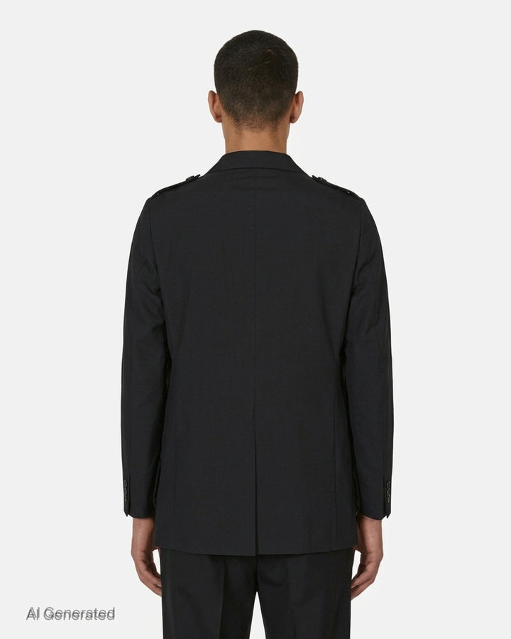 Black Comme des Garçons Homme Plus wool tropical jacket with ruched gathered panels and a raw-edged U-shaped front panel - back