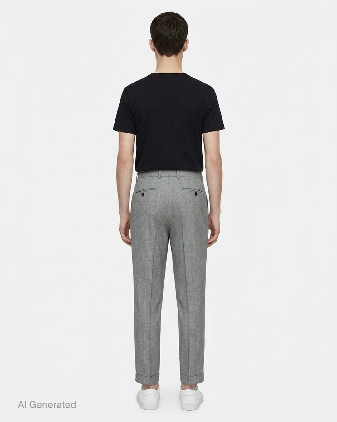Comme des Garçons Homme Plus grey wool glen-check double-pleat tapered trousers on a white background, front view - back