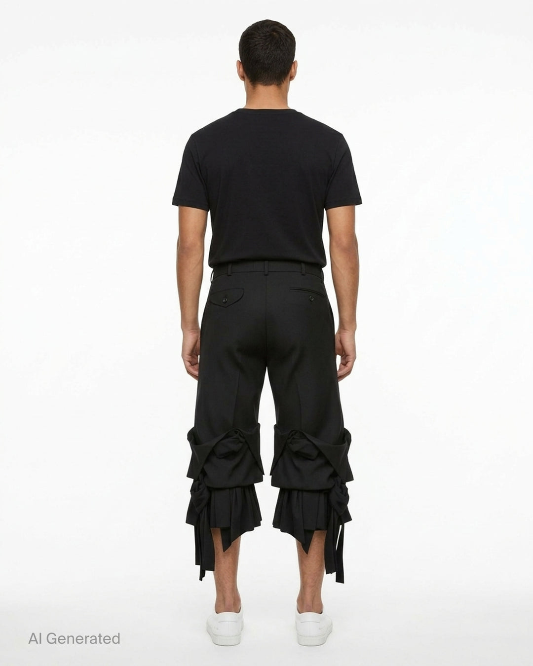 Comme des Garçons Homme Plus black wool tropical wide-leg pants with sculptural knotted bow and cascading ribbon hem trim, front view on white background - back