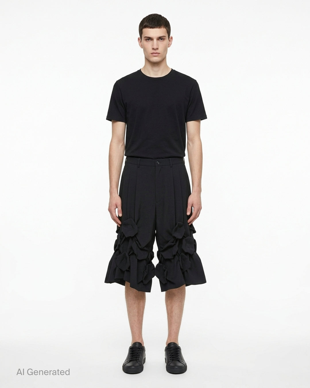 Comme des Garçons Homme Plus black wool tropical shorts with knotted fabric floral clusters and voluminous ruffled hem, front view on white background - front