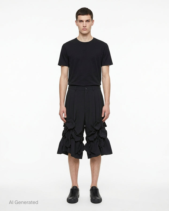 Comme des Garçons Homme Plus black wool tropical shorts with knotted fabric floral clusters and voluminous ruffled hem, front view on white background - front