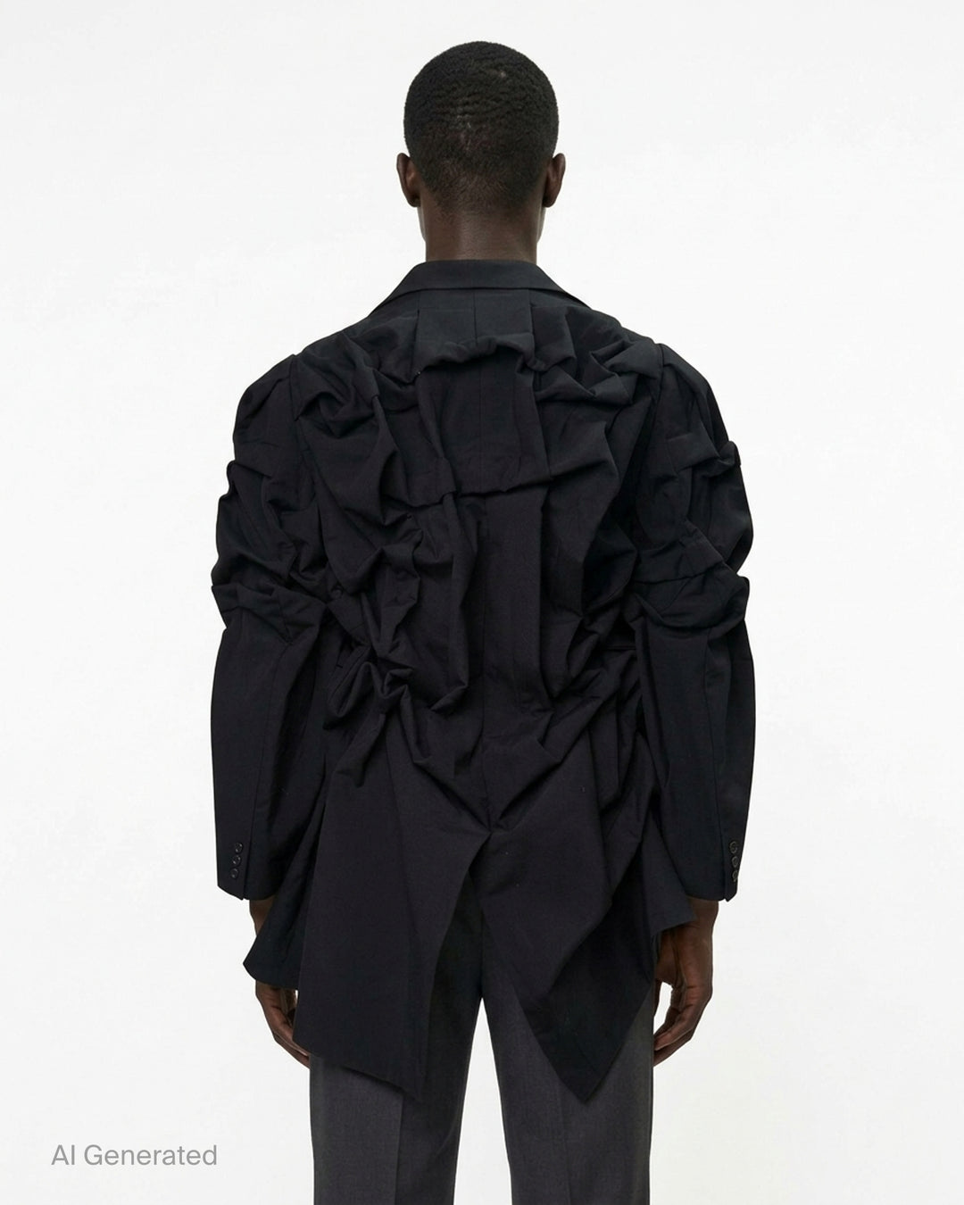 Comme des Garçons Homme Plus black wool tropical jacket with dramatic sculptural ruffles cascading across the chest and shoulders, long sleeves, and a notched lapel collar, displayed on a white background - back