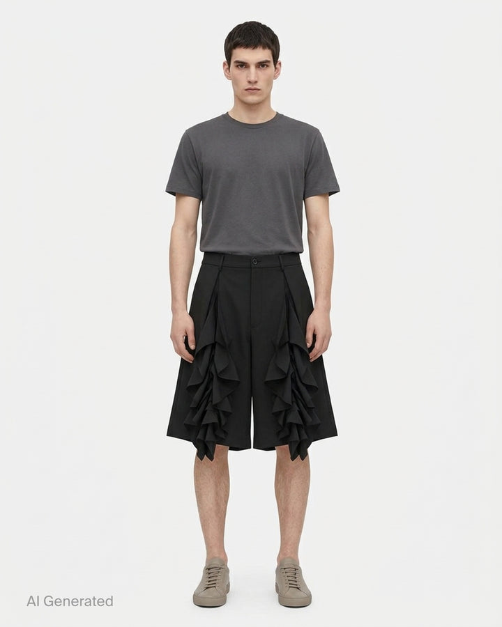 Comme des Garçons Homme Plus black wool tropical wide-leg shorts with cascading ruffle panels on the front, high-rise waistband with belt loops and single button fastening, on a white background - front