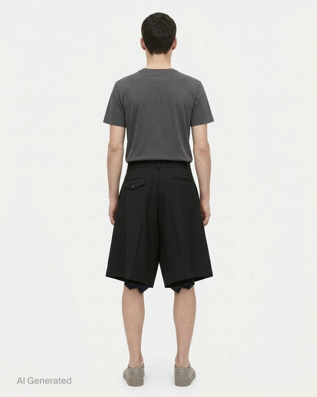 Comme des Garçons Homme Plus black wool tropical wide-leg shorts with cascading ruffle panels on the front, high-rise waistband with belt loops and single button fastening, on a white background - back
