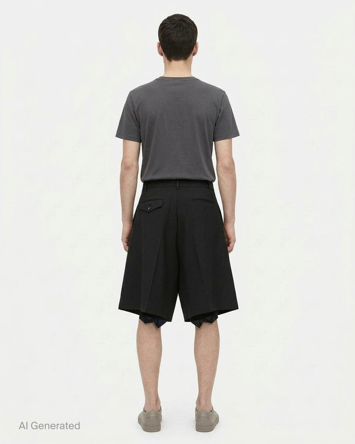 Comme des Garçons Homme Plus black wool tropical wide-leg shorts with cascading ruffle panels on the front, high-rise waistband with belt loops and single button fastening, on a white background - back