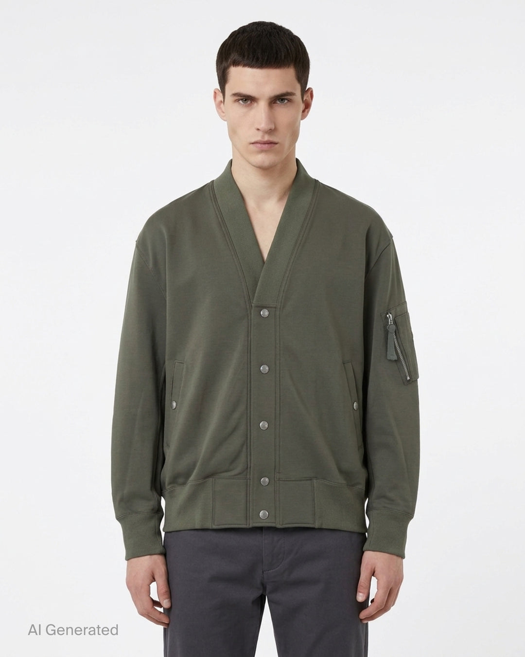 Comme des Garçons Homme olive green snap button cardigan with ribbed V-neck, sleeve zip pocket and ribbed hem - front