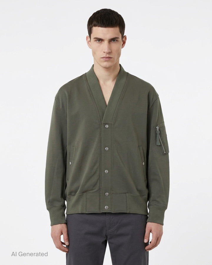 Comme des Garçons Homme olive green snap button cardigan with ribbed V-neck, sleeve zip pocket and ribbed hem - front