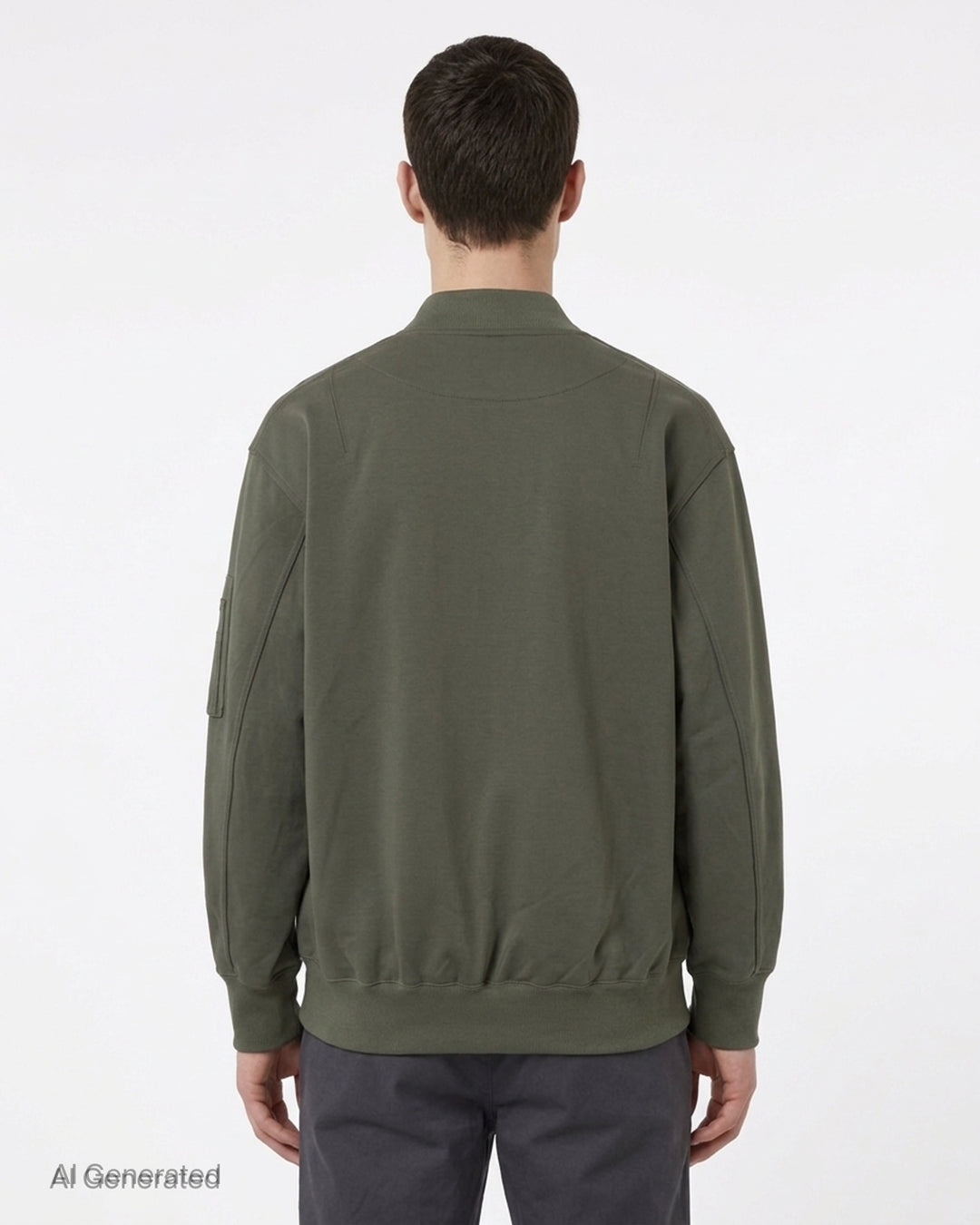 Comme des Garçons Homme olive green snap button cardigan with ribbed V-neck, sleeve zip pocket and ribbed hem - back
