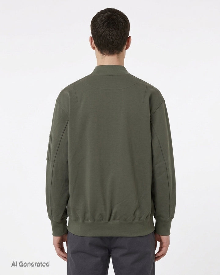 Comme des Garçons Homme olive green snap button cardigan with ribbed V-neck, sleeve zip pocket and ribbed hem - back