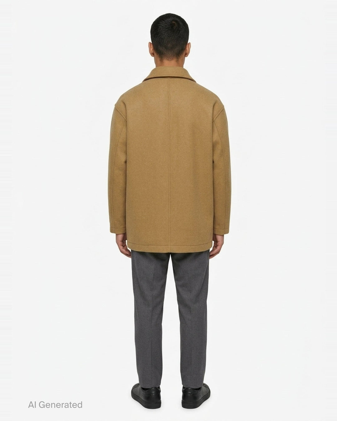 Comme des Garçons Homme wool beaver bonding jacket in camel, featuring a spread collar, five tortoiseshell-effect buttons, a chest patch pocket with angular seam detail, and two large lower patch pockets - back
