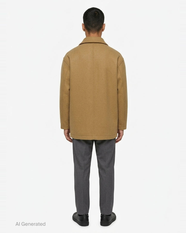 Comme des Garçons Homme wool beaver bonding jacket in camel, featuring a spread collar, five tortoiseshell-effect buttons, a chest patch pocket with angular seam detail, and two large lower patch pockets - back