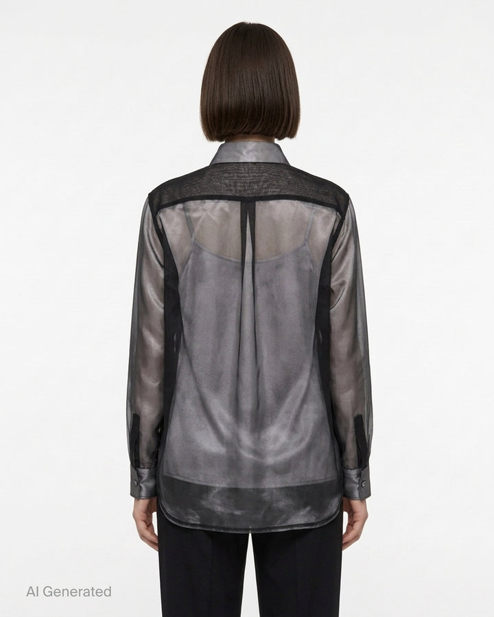 Comme des Garçons sheer layered button-up blouse with knotted fabric detailing at the sleeves - back