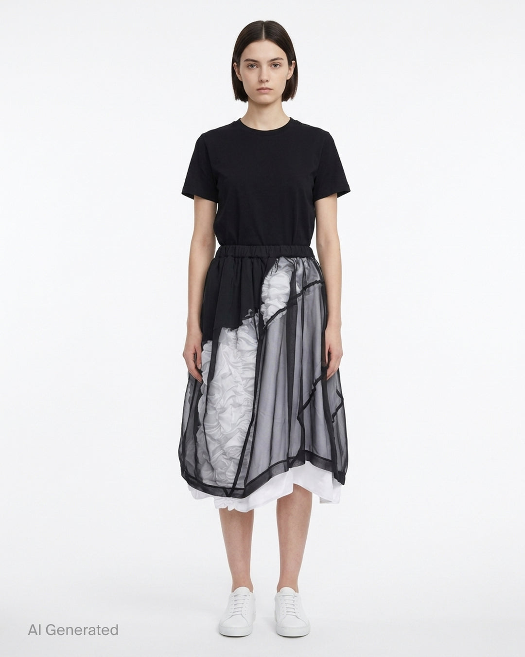 Comme des Garçons layered asymmetrical skirt in sheer black with ruched white lining and contrast white hem - front
