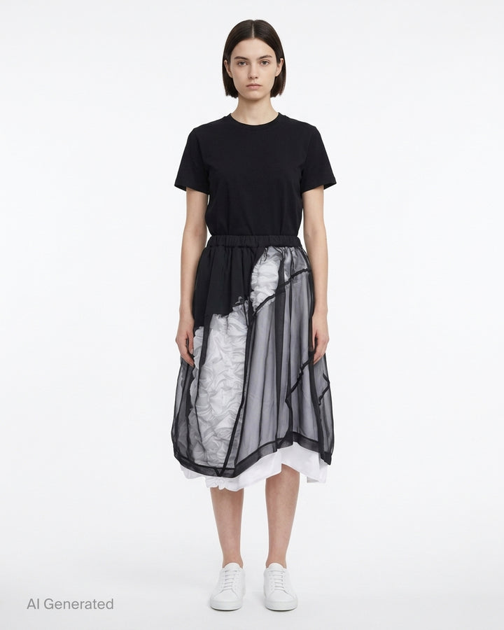 Comme des Garçons layered asymmetrical skirt in sheer black with ruched white lining and contrast white hem - front