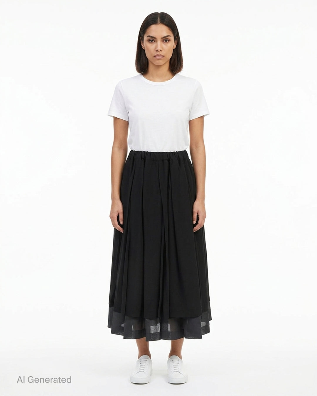 Comme des Garçons black pleated midi skirt with elasticated waist and sheer layered hem - front
