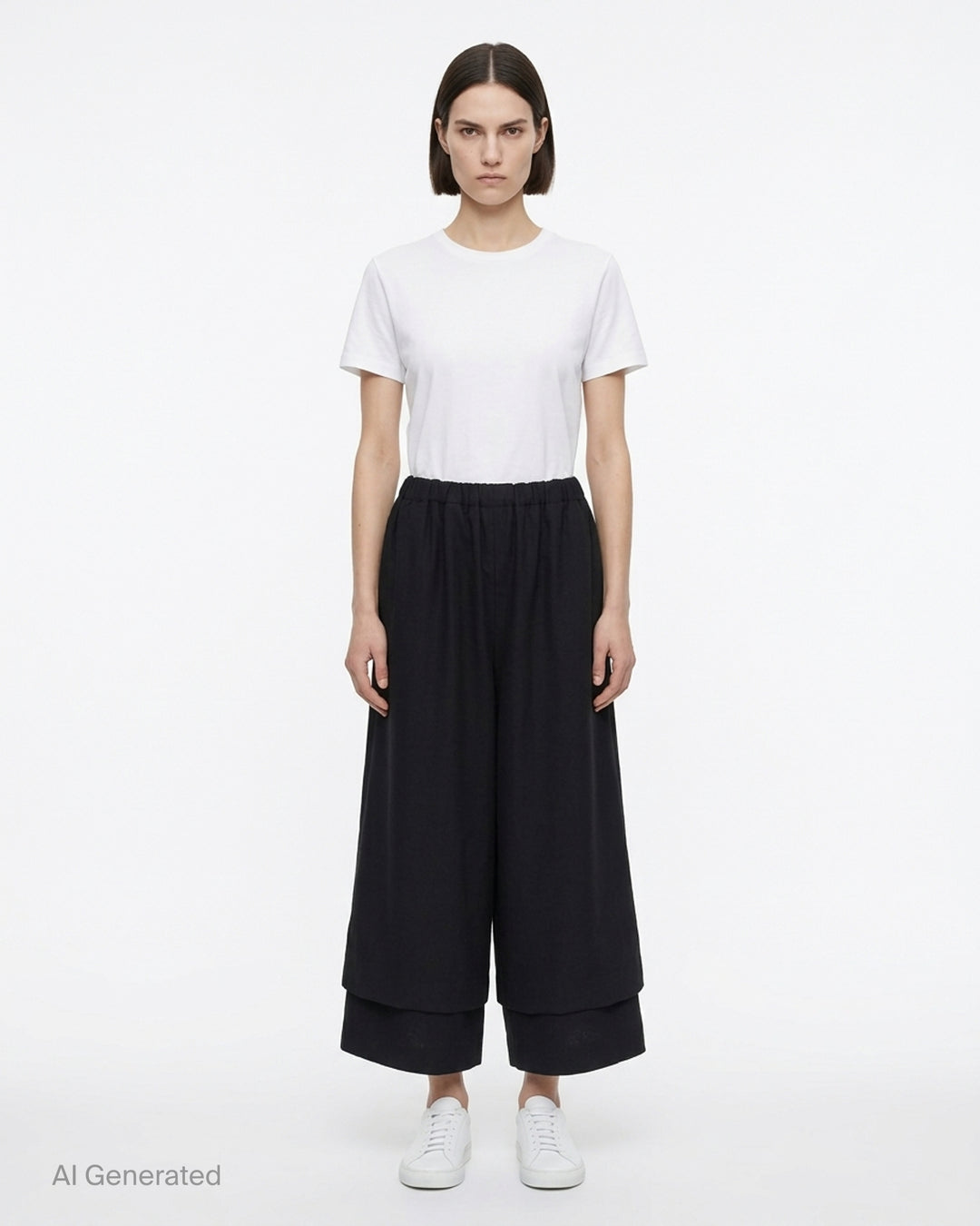 Comme des Garçons black wool georgette wide-leg pants with an elasticated waist and double-layered hem, shown from the front - front