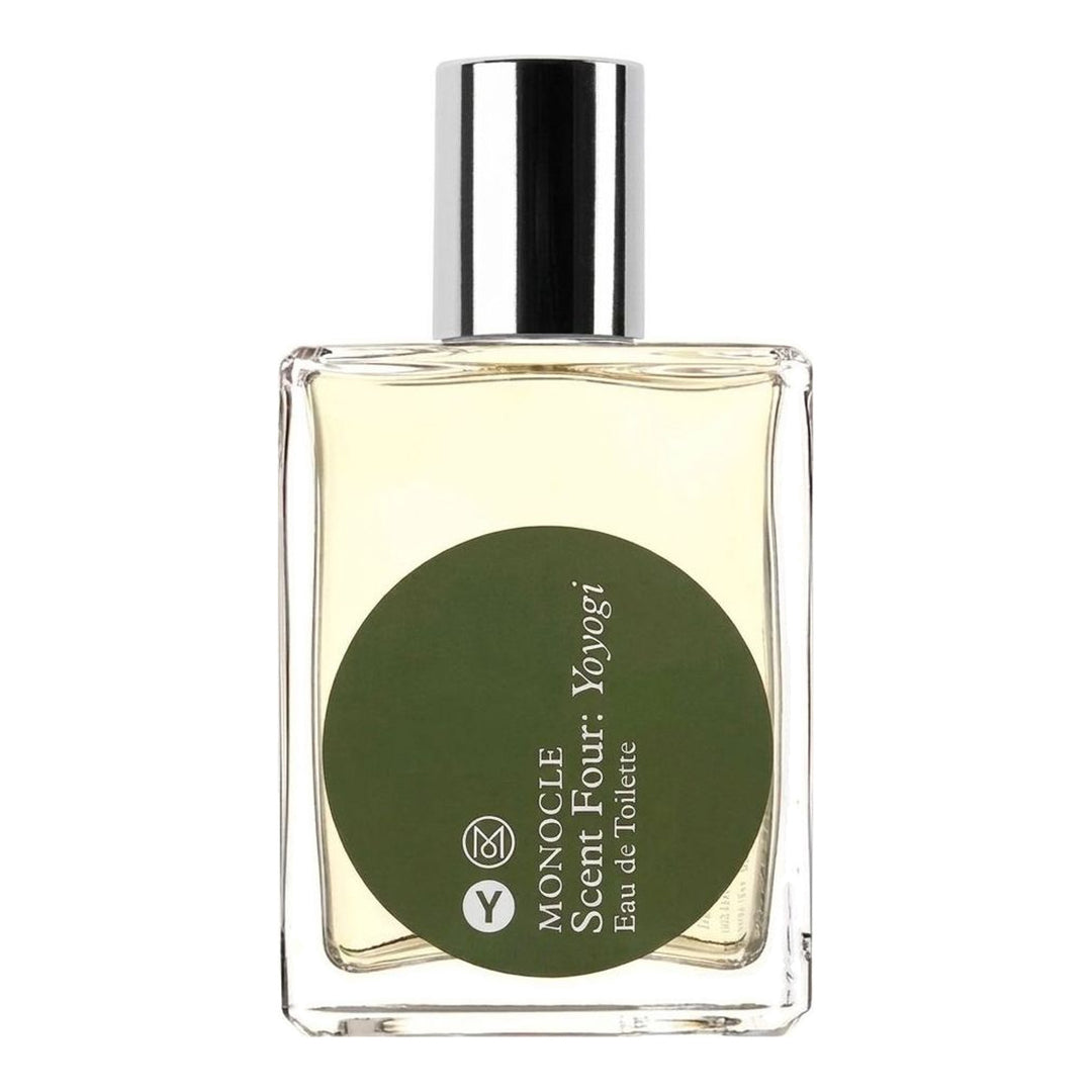 Comme des Garçons Parfums Monocle Scent Four Yoyogi Eau de Toilette 50ml spray bottle with polished silver cap and olive-green circular label on white background - packshot