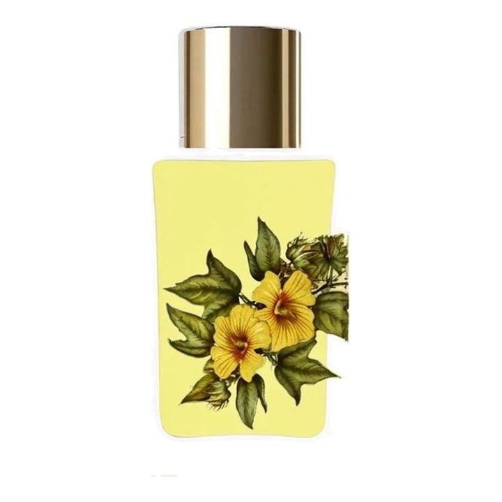 Tears Eau de Parfum 50ml by Comme des Garçons Parfums in a white glass bottle with a gold cap and yellow cotton blossom label - packshot