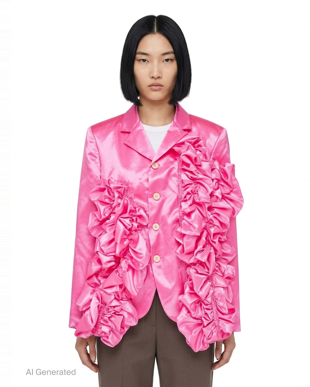 Comme des Garçons hot pink satin single-breasted blazer with large cascading gathered ruffle appliqués across the front, four cream buttons, and a notched lapel, product flat lay on white background - front