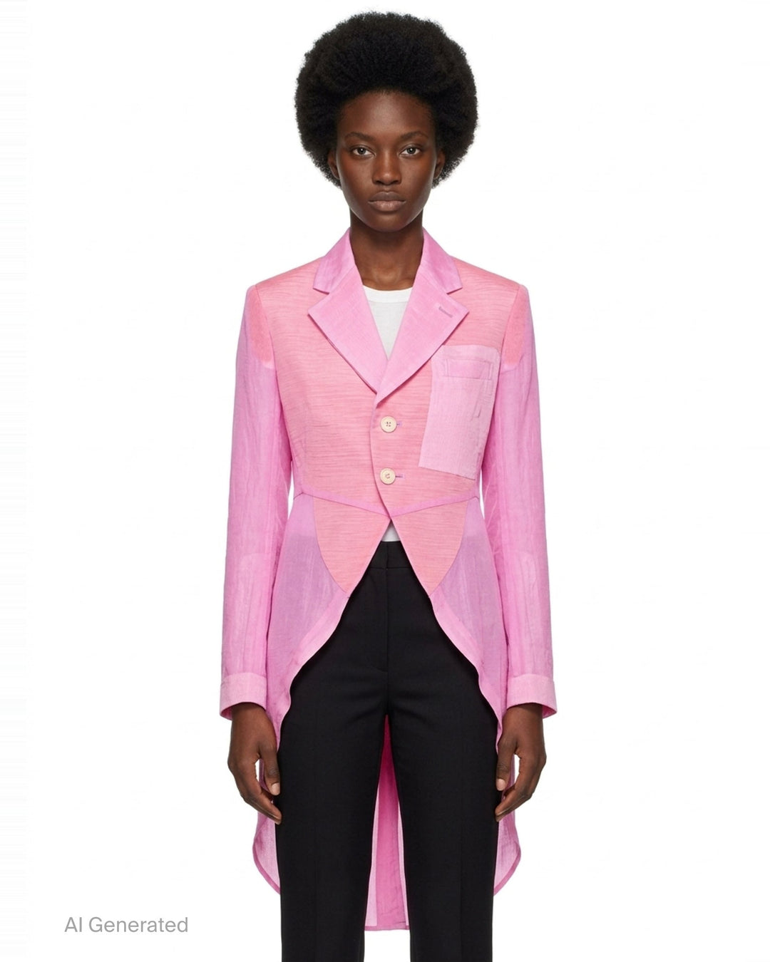 Comme des Garçons pink sheer tailcoat blazer with notched lapels, two-button fastening, chest welt pocket, and dramatic swallow-tail hi-lo hem - front