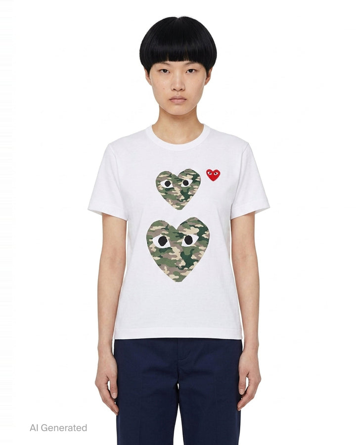 Camo Double Heart Short Sleeve Tee | Comme des Garçons PLAY | Club21 - front