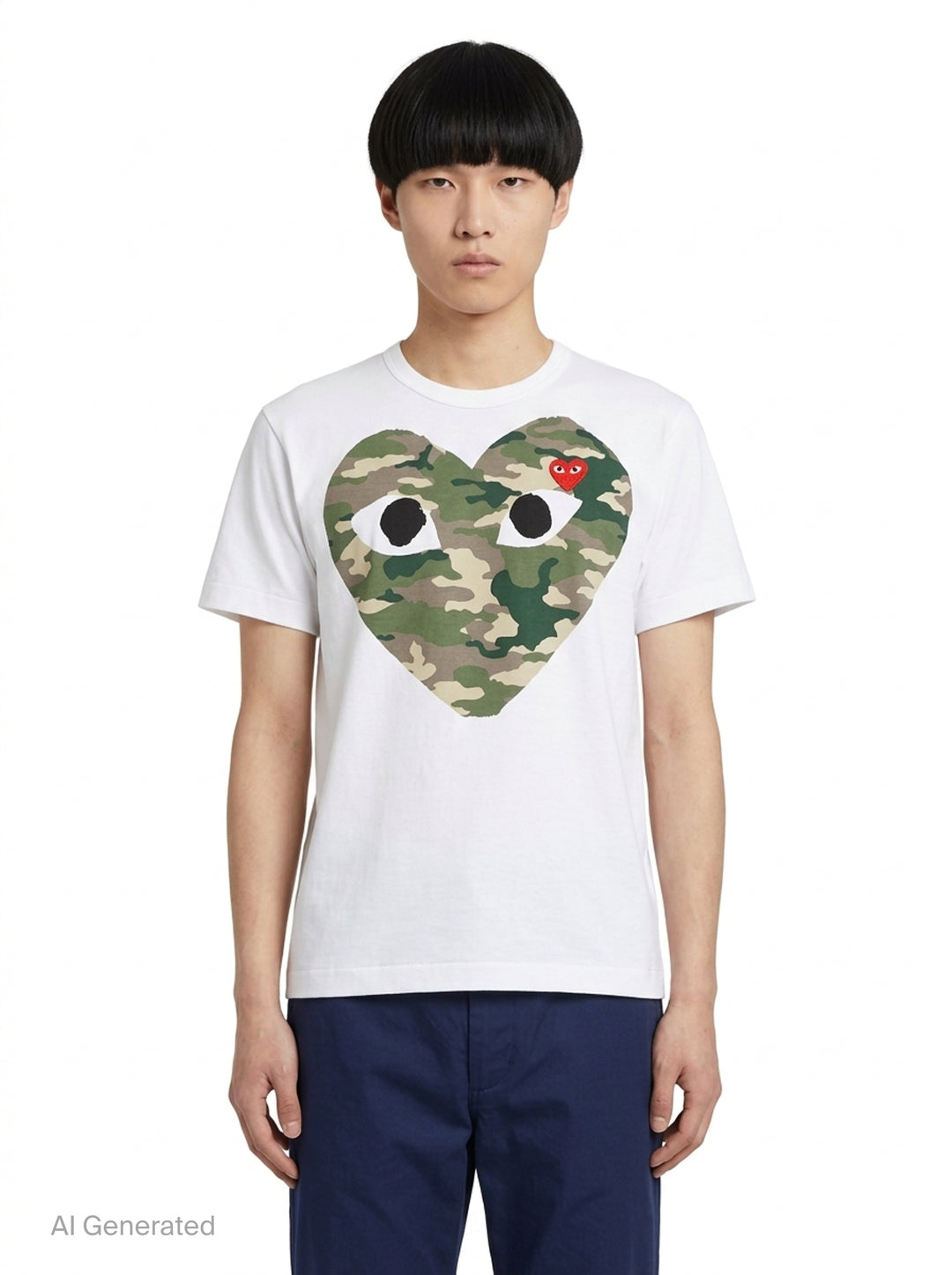 Comme des Garçons PLAY white short sleeve tee with oversized camouflage heart graphic featuring embroidered eyes and red heart emblem patch on chest - front