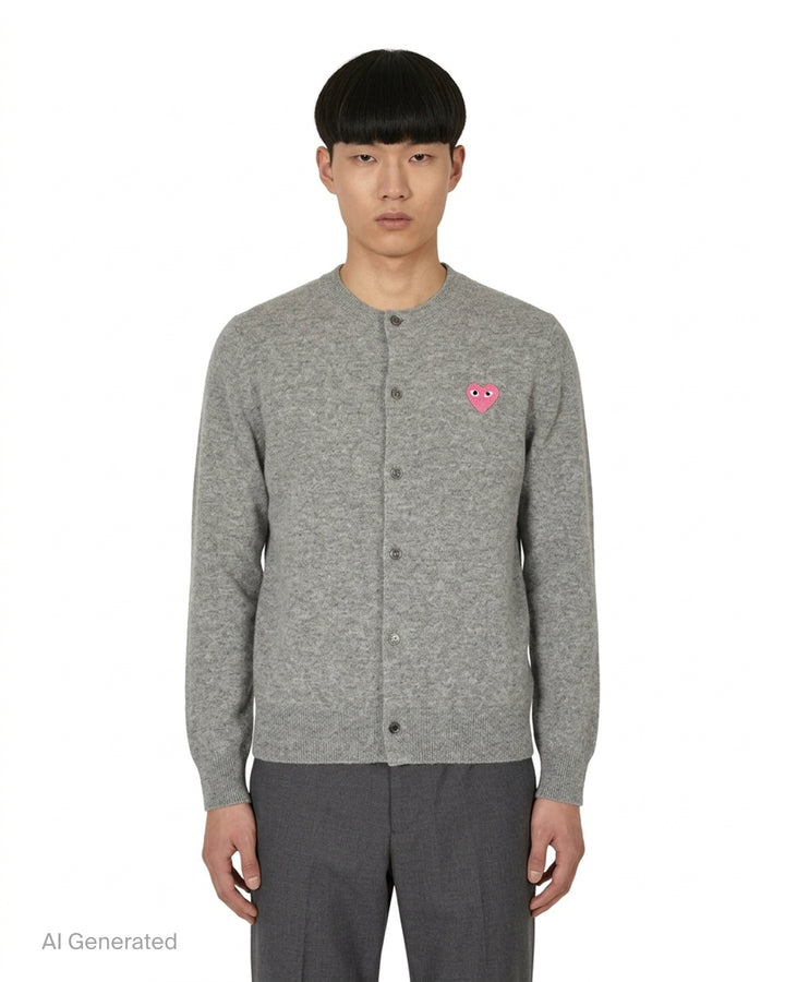 Comme des Garçons PLAY black round neck cardigan with embroidered pink heart emblem patch and button-through front fastening, flat lay view - front