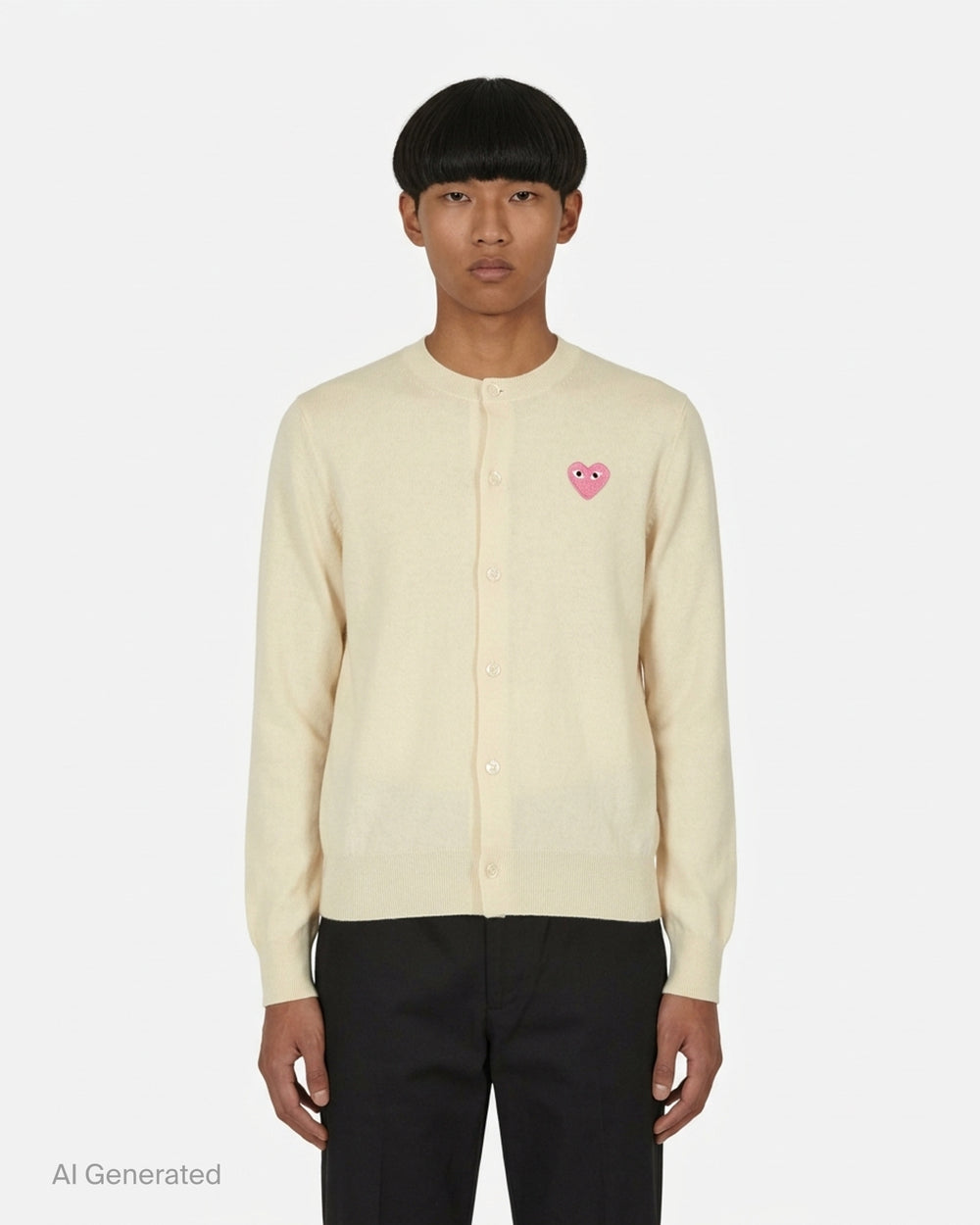Comme des Garçons PLAY black round neck cardigan with embroidered pink heart emblem patch and button-through front fastening, flat lay view - front