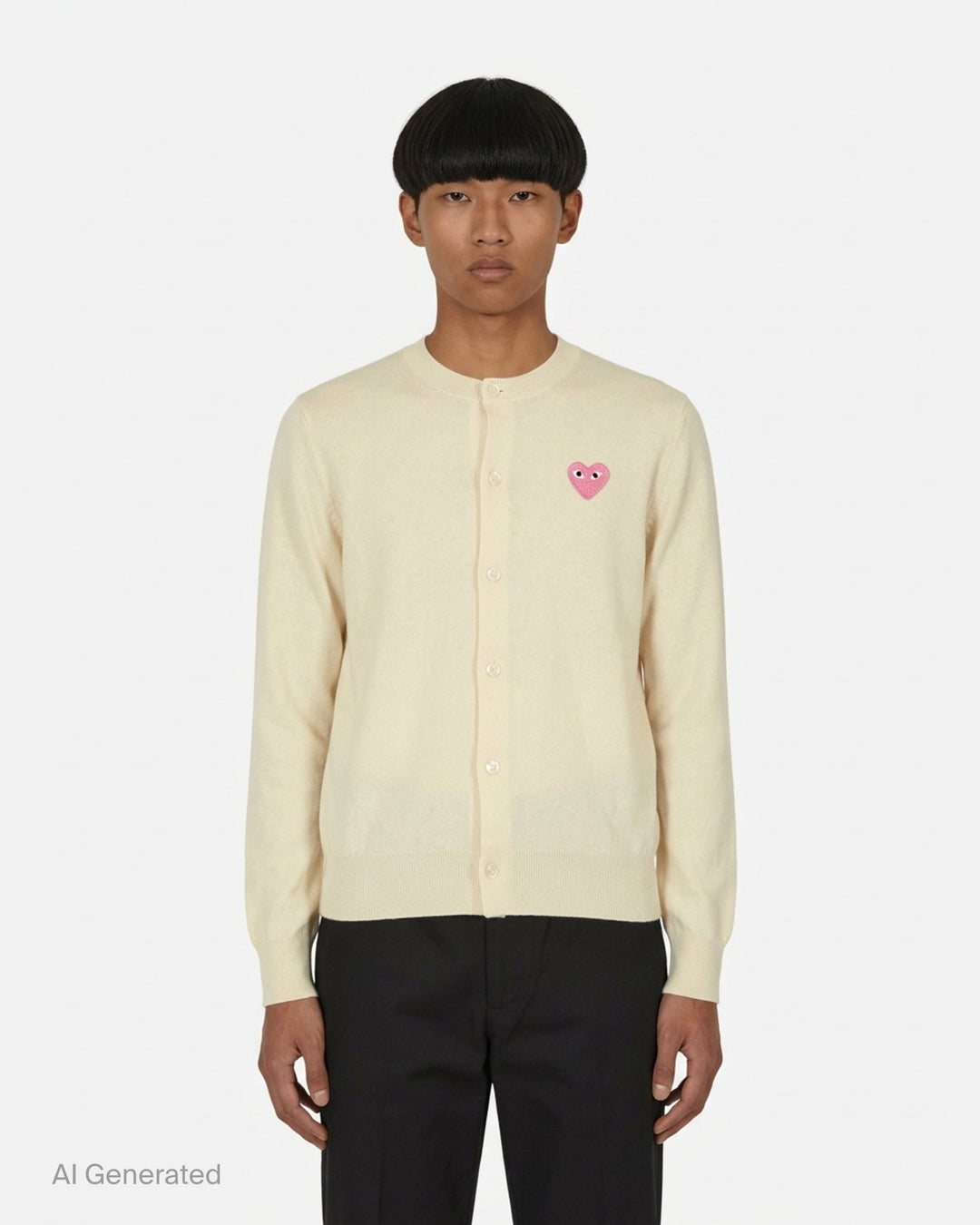 Comme des Garçons PLAY black round neck cardigan with embroidered pink heart emblem patch and button-through front fastening, flat lay view - front