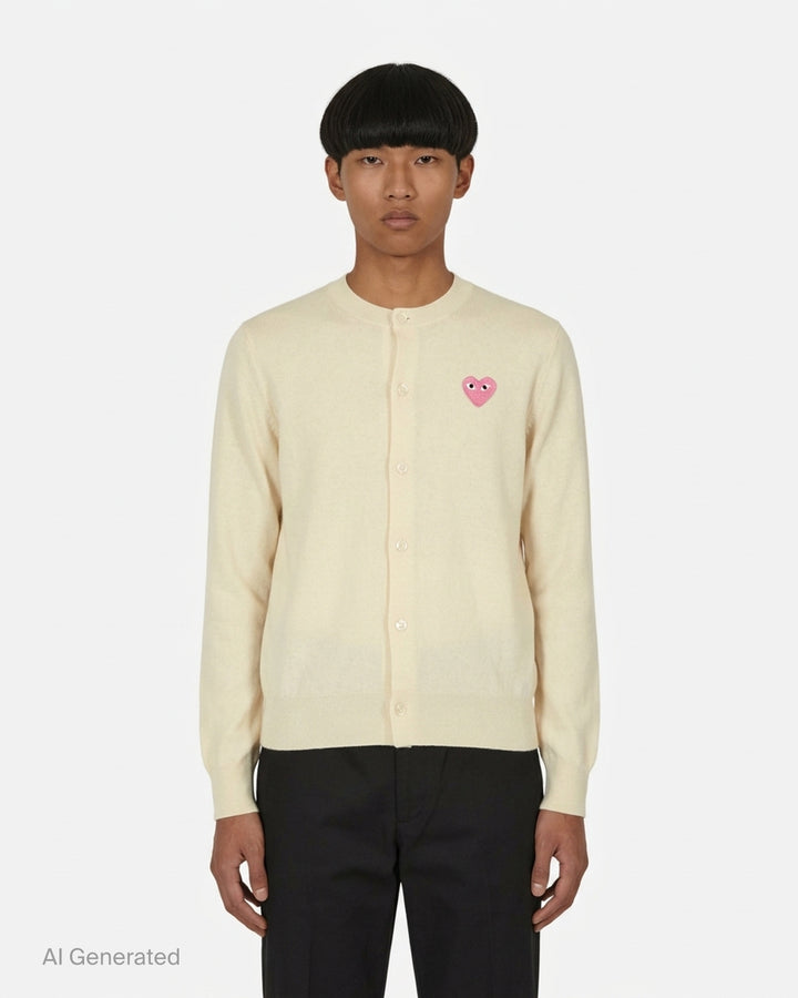 Comme des Garçons PLAY black round neck cardigan with embroidered pink heart emblem patch and button-through front fastening, flat lay view - front