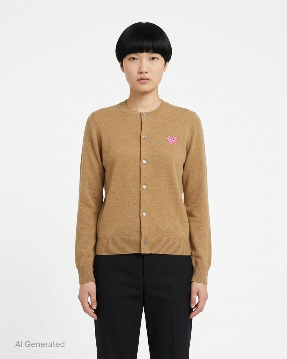 Comme des Garçons PLAY black round neck cardigan with embroidered pink heart emblem patch and button-through front fastening, flat lay view - front