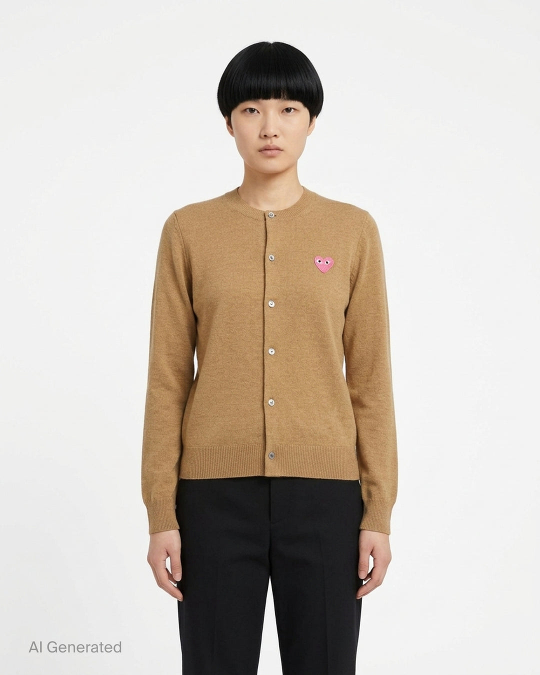 Comme des Garçons PLAY black round neck cardigan with embroidered pink heart emblem patch and button-through front fastening, flat lay view - front