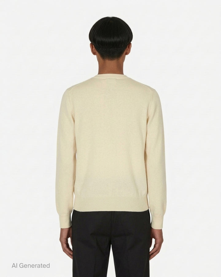 Comme des Garçons PLAY black round neck cardigan with embroidered pink heart emblem patch and button-through front fastening, flat lay view - back