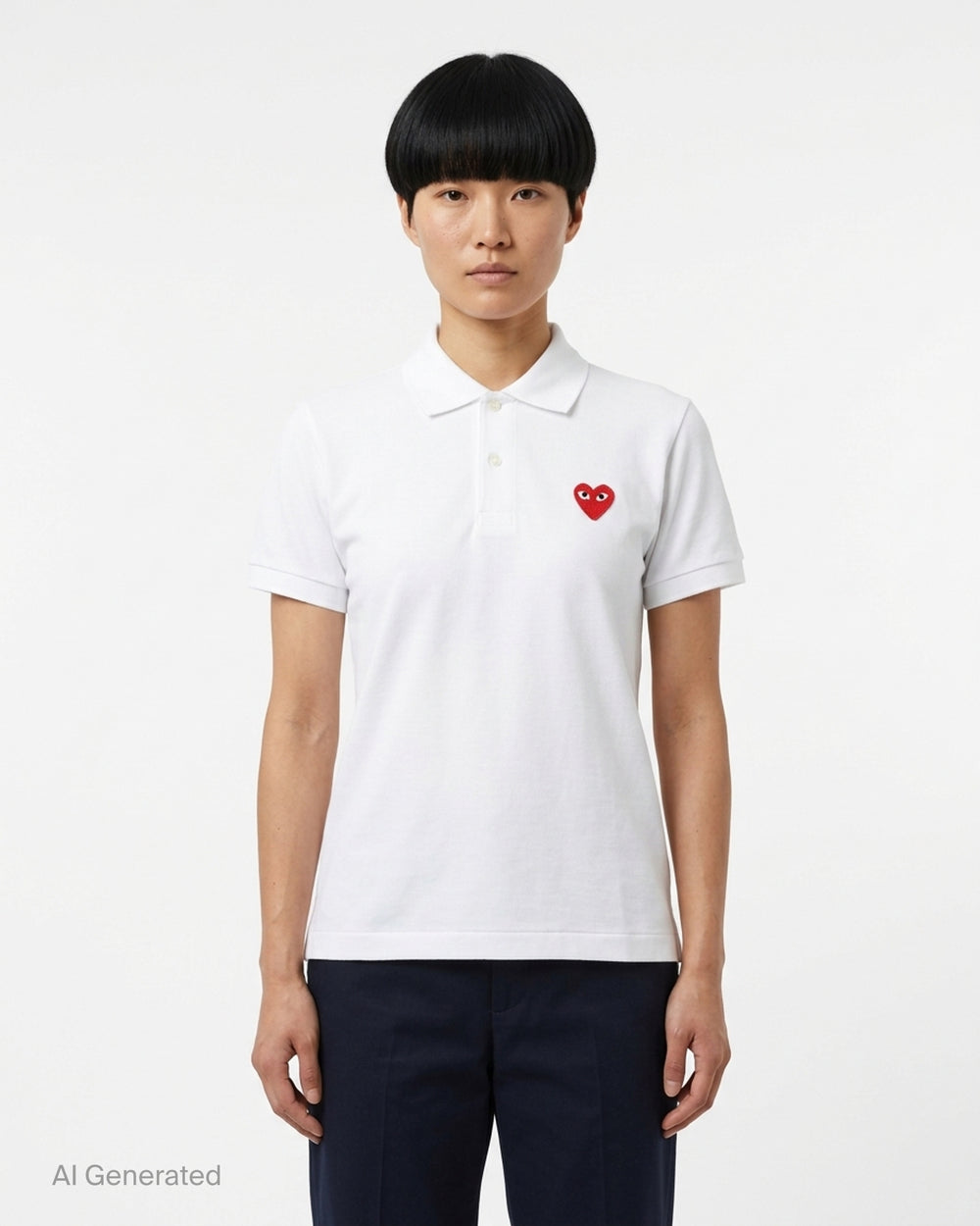 White short sleeve polo tee with embroidered red heart logo on the chest by Comme des Garçons Play - front