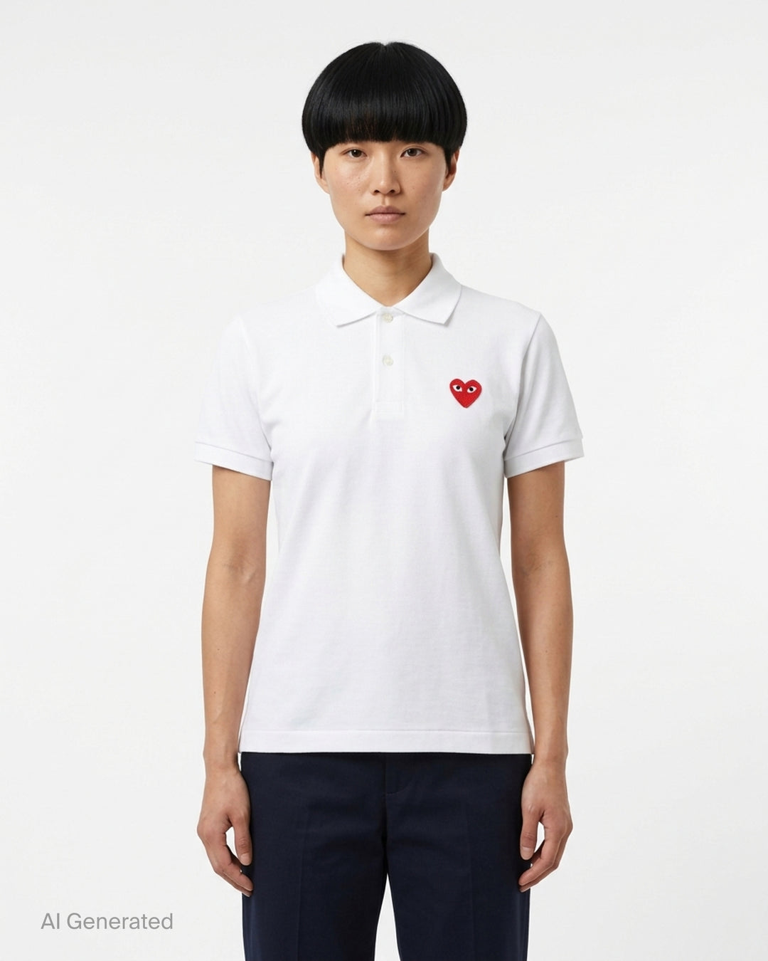 White short sleeve polo tee with embroidered red heart logo on the chest by Comme des Garçons Play - front